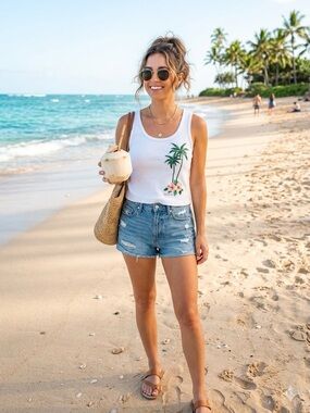 Vintage Crazy Shirts White Tank Top with Palm Tree & Hibiscus Print Size Small